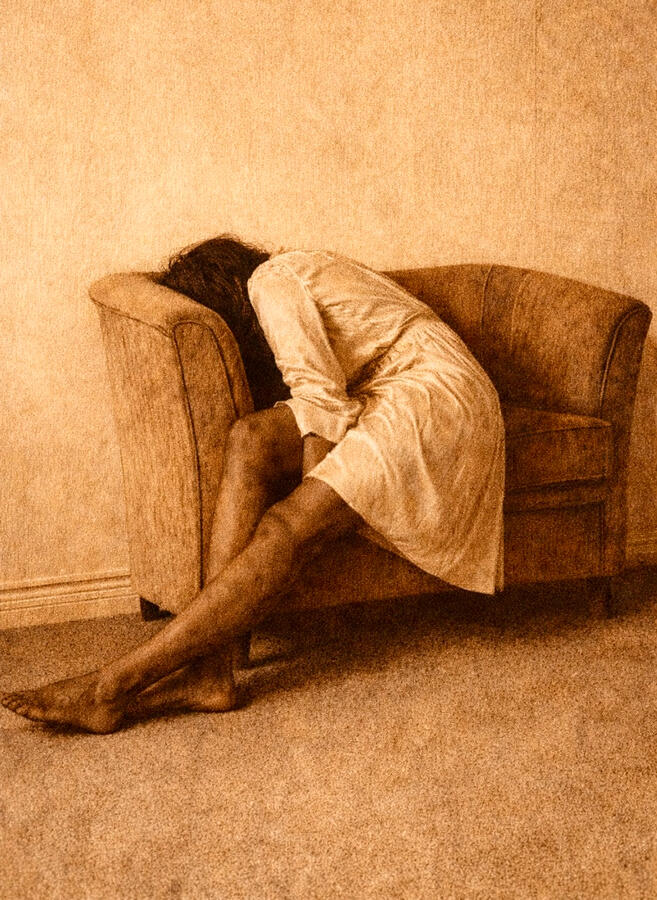 Surrender to the Armchair Drawn with fire, razor blades on wood 122 × 122 cm 2026